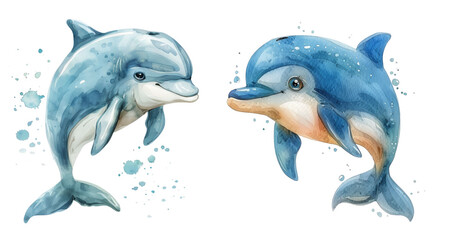 Watercolor set illustration of two dolphins isolated on transparent background. Children's illustration of underwater animals