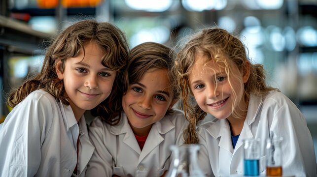 Smiling Young Scientists in Lab Coats: A Diverse Group of Children Engaging in Scientific Experimentation