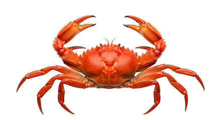 A vibrant orange crab displays its claws and legs,isolated showing the details of its shell