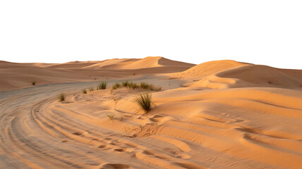 Serene Desert Landscape with Sand Dunes and Tire Tracks on a Transparent Backdrop, PNG Cut-out