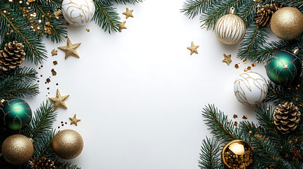 Festive christmas ornament arrangement with pine branches and gold star confetti against white background for holiday season