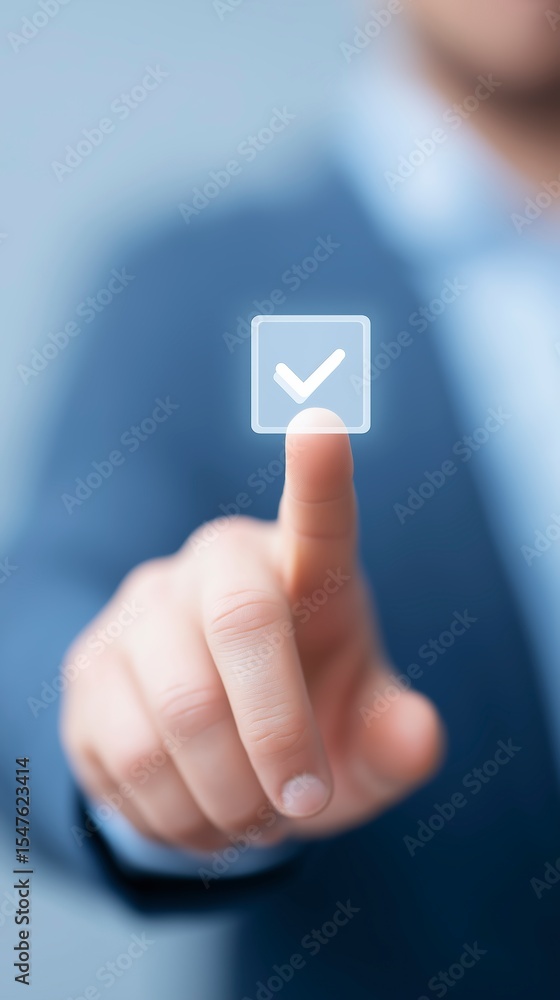 Aufkleber businessman in formal attire is interacting with a digital interface, selecting a checkmark symbol, 