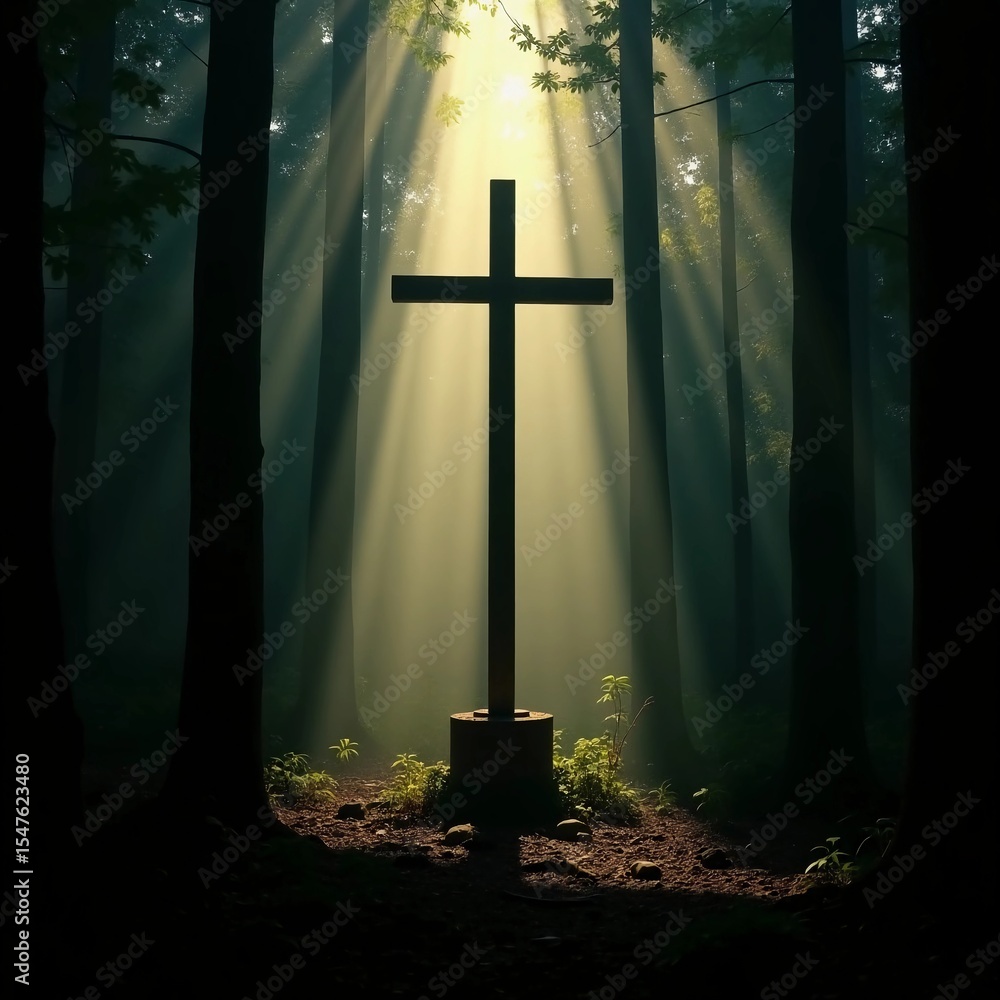 Poster soft rays of light filter through tall trees, illuminating a simple wooden cross at the forests cent