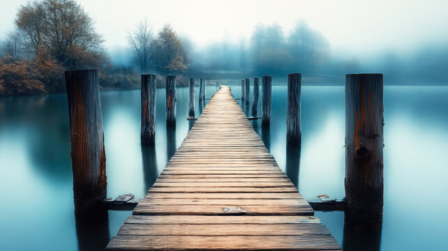 Wooden pier extending over calm misty lake with bare trees and foggy forest background in serene early morning atmosphere