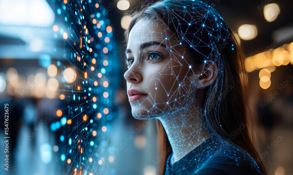Aufkleber young woman with digital network overlay looking at futuristic ai data interface with glowing blue c