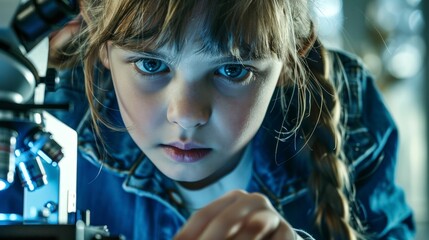 Young girl scientist examining a sample with a microscope in a lab, focused on scientific research and discovery
