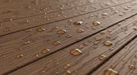 Water Beads on Brown Wooden Planks: Hydrophobic Surface Texture