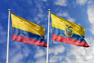 Colombia and Ecuador flags proudly waving together against a brilliant blue sky, symbolizing strong international ties, cultural exchange, and global cooperation.