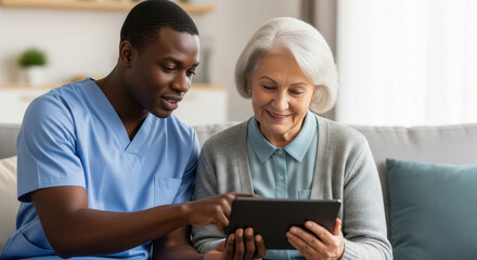 Young male caregiver helps an elderly woman use a digital tablet, illustrating senior tech support and compassionate home care.