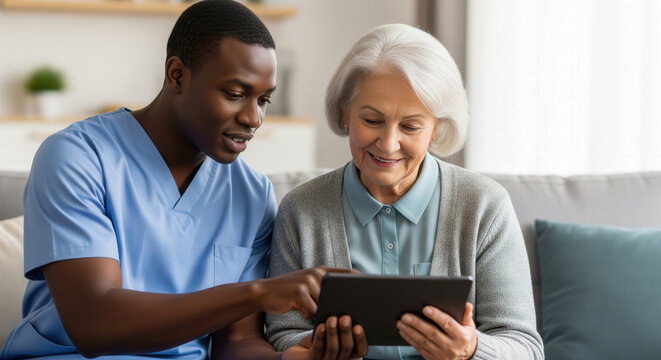 Young male caregiver helps an elderly woman use a digital tablet, illustrating senior tech support and compassionate home care.