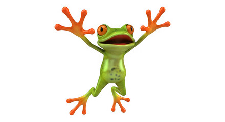 Obraz premium A vibrant green tree frog, with orange feet, playfully extends its limbs in a joyous display.