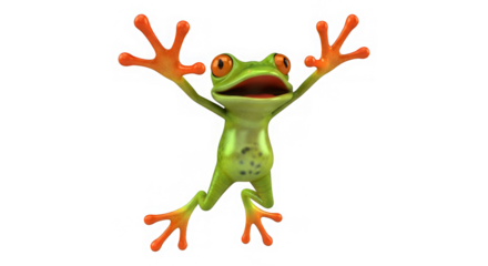A vibrant green tree frog, with orange feet, playfully extends its limbs in a joyous display.