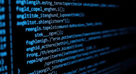 Close-up of software code displayed on a dark computer screen, symbolizing development, cybersecurity, or digital data system