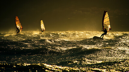Windsurfers harnessing the power of the wind, swiftly moving across the water