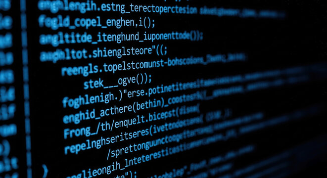Close-up of software code displayed on a dark computer screen, symbolizing development, cybersecurity, or digital data system - Powered by Adobe