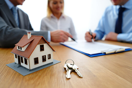 House keys and model home on table, couple signing contract - Powered by Adobe