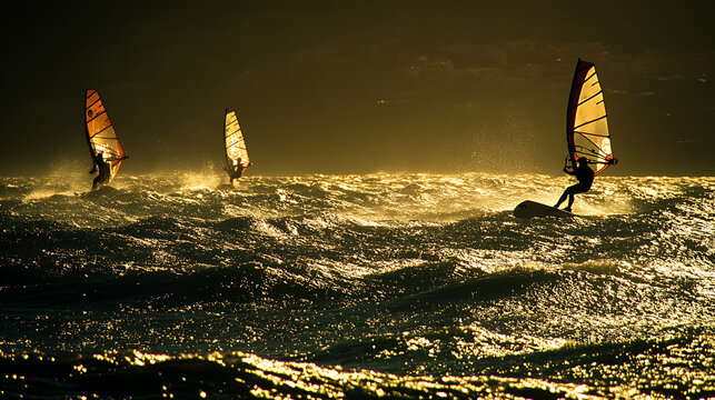 Windsurfers harnessing the power of the wind, swiftly moving across the water