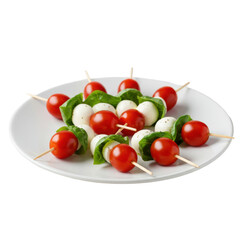 Fresh caprese skewers with cherry tomatoes, mozzarella, and basil on a white plate