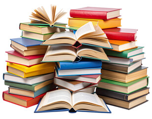 Messy Pile of Open and Closed Books with Bookmarks and Notes, Transparent Background