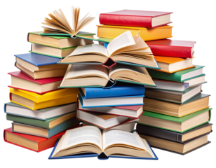 Messy Pile of Open and Closed Books with Bookmarks and Notes, Transparent Background