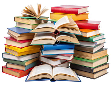 Messy Pile of Open and Closed Books with Bookmarks and Notes, Transparent Background