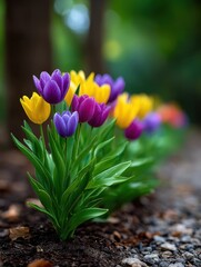 Obraz premium Vibrant tulip blooms in a garden nature photography springtime environment close-up viewpoint