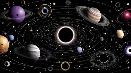 Cosmic vortex with planets and a black hole.  Many planets of varying colors orbit a central black hole in a swirling galaxy