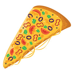 Veggie pizza slice with cheese pull. Vector image.