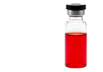 A clear glass vial partially filled with a red liquid sealed with a gray and black cap set against a stark black background