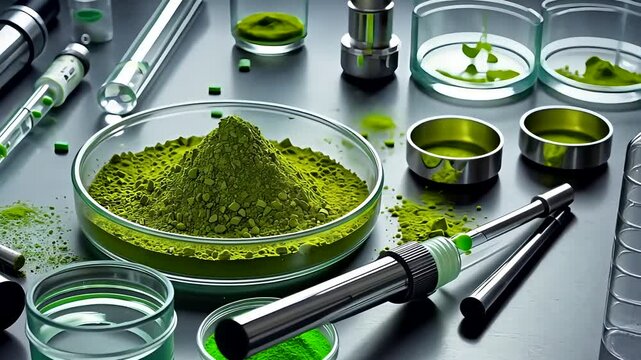 Scientific Matcha Green Tea Lab with Powder, Tools and Transparent Glass Equipment