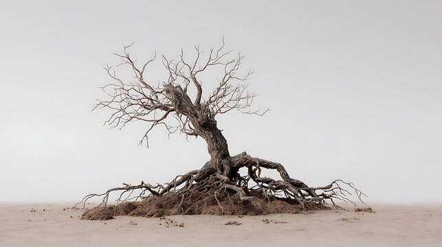 Solitary, gnarled, leafless tree with exposed roots, isolated in a desolate, minimal, pale desert scene