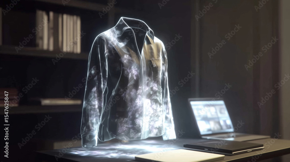Poster a transparent shirt made from advanced nanofabric floats above a sleek table in a contemporary desig