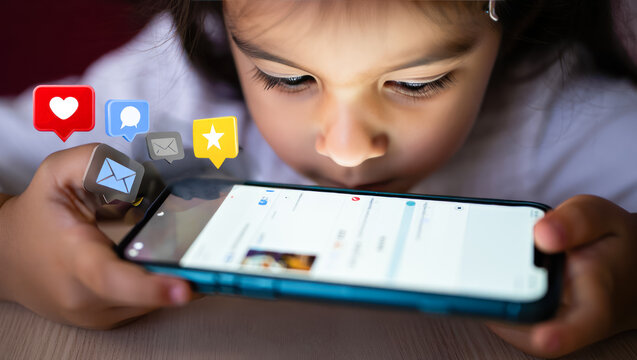Child using social media, holding smart phone with icons of like, comment, star over it. Young kid playing on smart phone. children's cybersecurity, social media addiction, communication