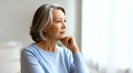 窓辺で考えごとをする年配の女性, Senior Woman Thinking by the Window