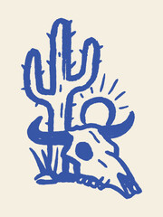 cactus and bull skull desert sketch vector illustration © Victoria