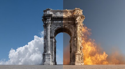 Fototapeta premium Ancient archway, split by fire, one side burning