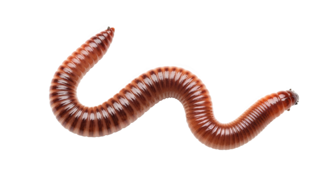 A reddish-brown earthworm undulating with its segmented body, showcasing natural annelid anatomy
