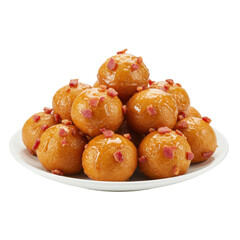 A delectable mound of golden, syrup-soaked sweets garnished with colorful toppings