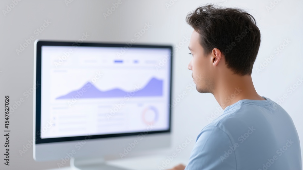 Poster young man focused on computer screen displaying analytical data and graphs, engaged in digital analy