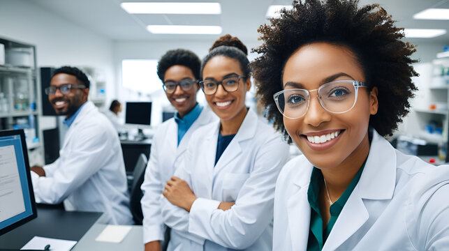 In a lab, a happy black biochemist is pictured collaborating with her coworkers while looking straight into the camera lens