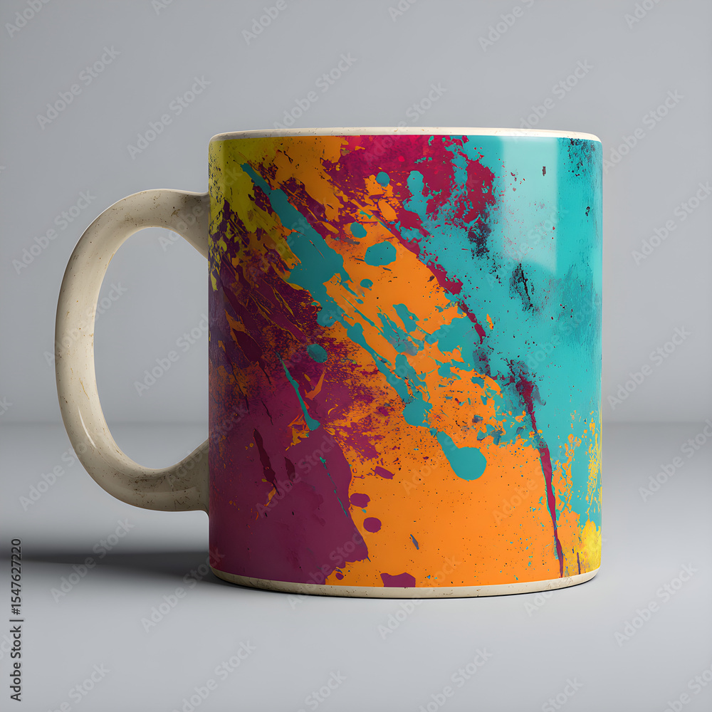 Aufkleber mug with a vibrant abstract print on a solid color background