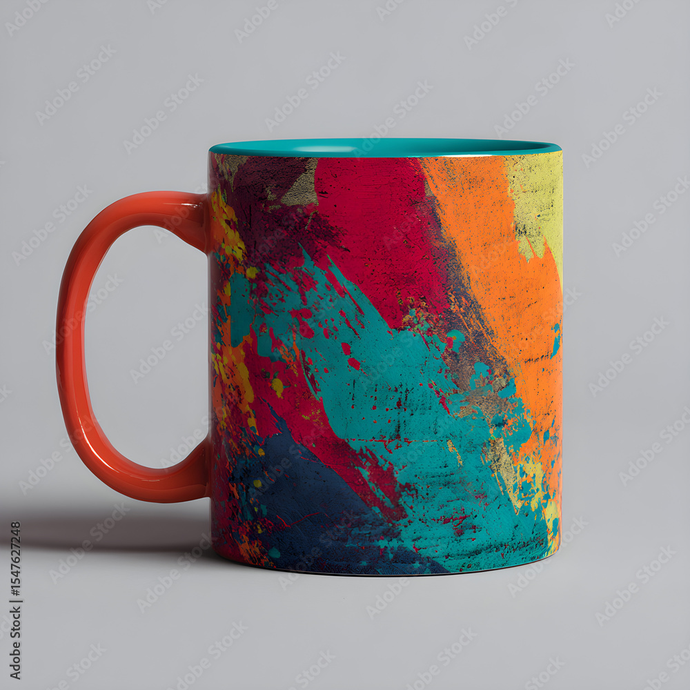 Aufkleber mug with a vibrant abstract print on a solid color background