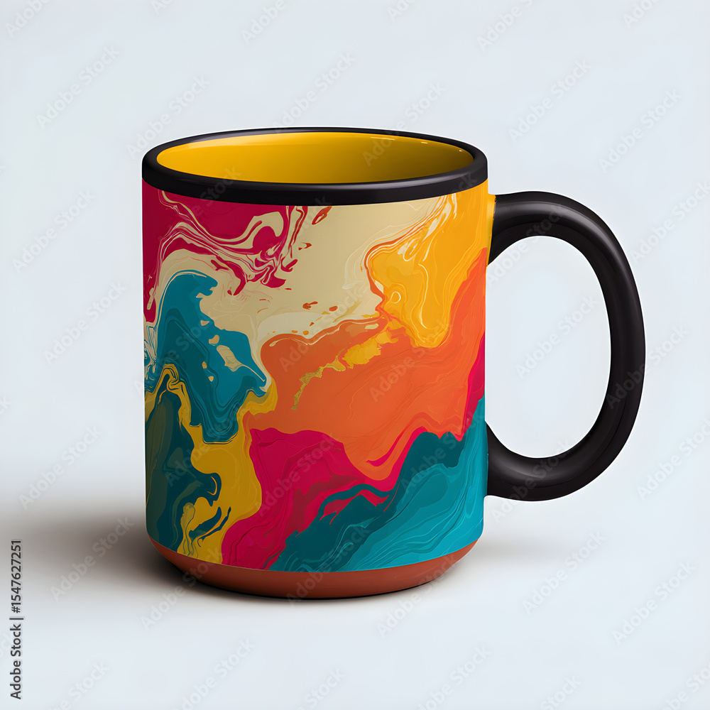 Poster mug with a vibrant abstract print on a solid color background