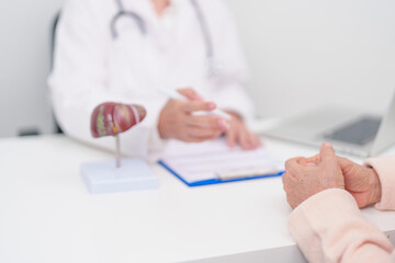 Doctor with human Liver anatomy. Elderly Patient consultation medical health for Liver cancer and Tumor, Jaundice, Viral Hepatitis, Cirrhosis, Failure, Enlarged, Hepatic Encephalopathy, Ascites Fluid
