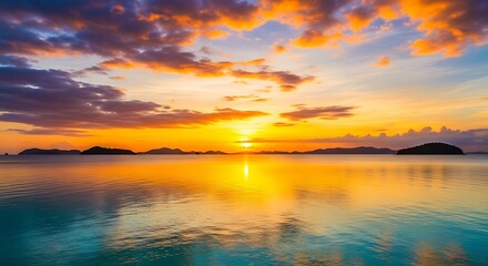 Fototapeta premium Stunning Tropical Ocean Sunset with Vibrant Colors, Calm Water, and Silhouette Islands Under Cloudy Sky – Serene Nature Landscape for Relaxation and Travel Inspiration