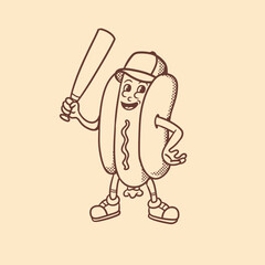 mascot character hotdog with baseball bat good for logo, branding, mascot retro, restaurant, cafe, etc