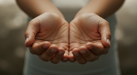 A pair of open, empty hands extend forward, palms up, against a soft, blurred background.