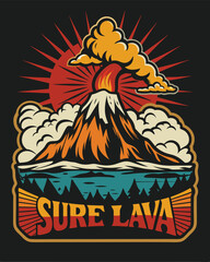 Obraz premium Vintage label for natural gas with volcano eruption and sunburst vector illustration