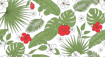 Tropical botanical vector pattern with palm leaves monstera and hibiscus illustration