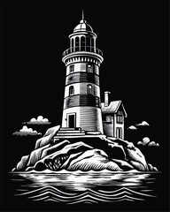 lighthouse on the sea silhouette black and white 